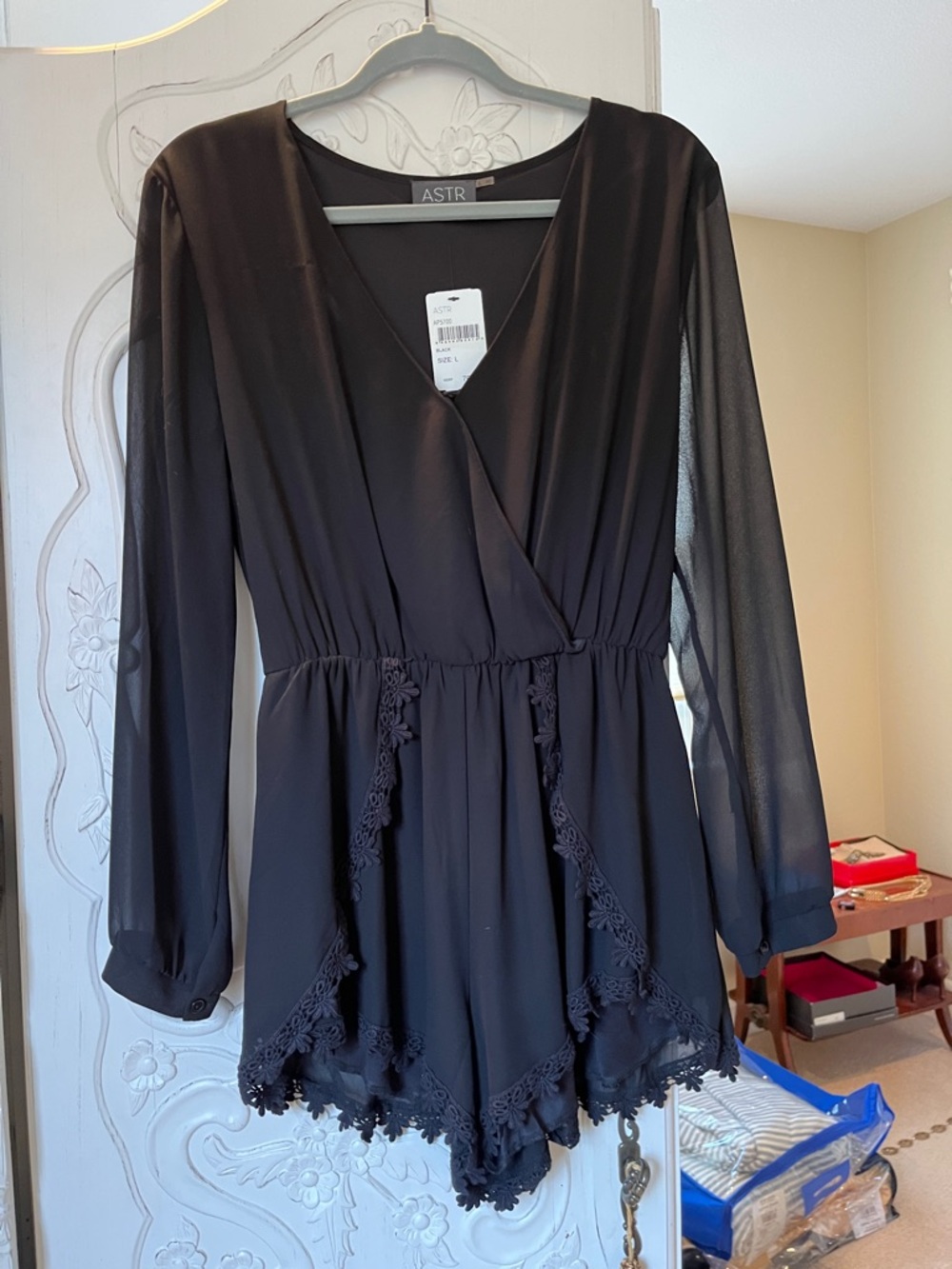 Astr Black Lace-Trim Surplice Romper